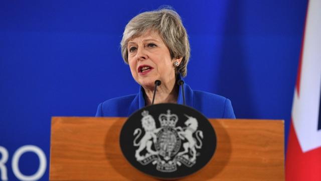 British Prime Minister Theresa May speaks at a news conference April 11, 2019 in Brussels, Belgium. After May presented her case for a delay, European Union leaders agreed tonight to extend the deadline for Britain's exit from the EU to October 31. (Photo by Leon Neal/Getty Images)