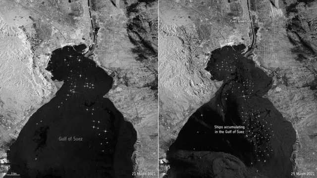 A imagem à esquerda mostra navios esperando para passar pelo Canal de Suez no domingo, 21 de março. A imagem à direita mostra os barcos na quinta-feira, 25 de março, dois dias depois que o Ever Given encalhou