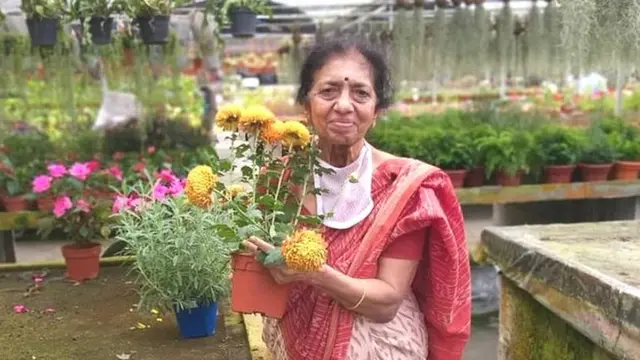 Uma senhora indiana idosa segura um vasoaposta ganha grupoflores