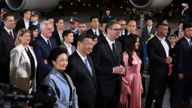 Serbian President Aleksandar Vucic and his wife Tamara Vucic welcome China's President Xi Jinping and his wife Peng Liyuan for an official two-day state visit, at Nikola Tesla Airport in Belgrade, Serbia, May 7, 2024.