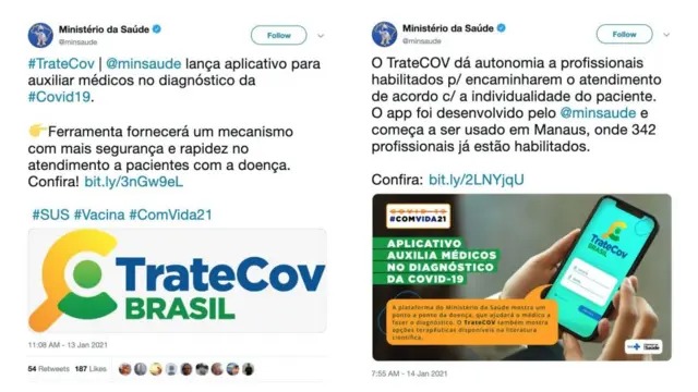 Ministério da Saúde publica no Twitter sobre TrateCov