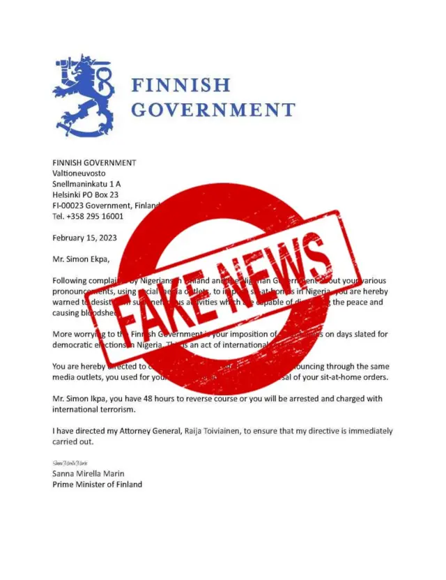 Nigeria goment say di letter na fake