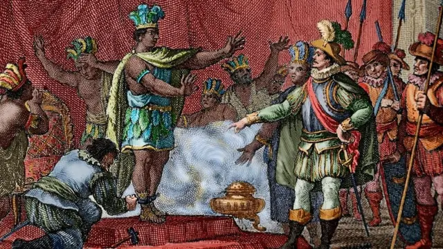 Gravura do século 19 mostrando a prisão do imperador asteca Montezuma pelo explorador espanhol Hernan Cortescasino online europe1520