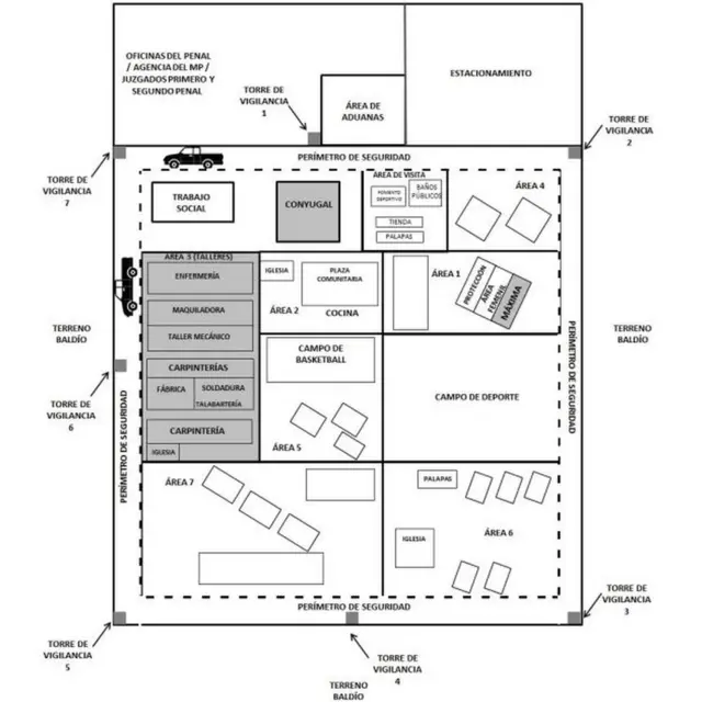 Esquema del interior del Centro de Reinserción Social (Cereso) de Piedra Negras, en Coahuila, México, incluido en el informe "El yugo Zeta".