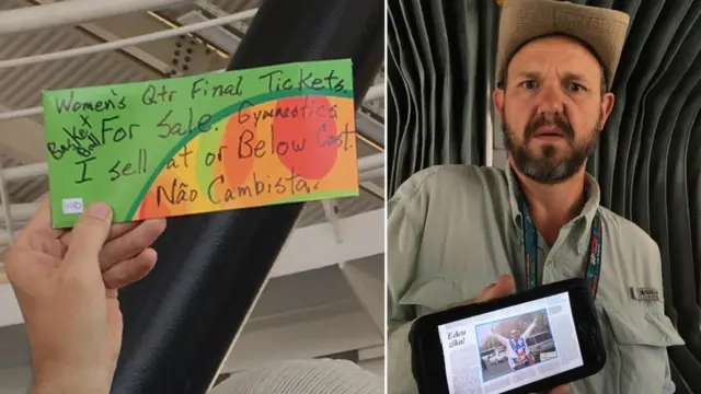 O americano Douglas McLean com placa anunciando a venda de ingressos e mostrando a reportagem que o "salvou"