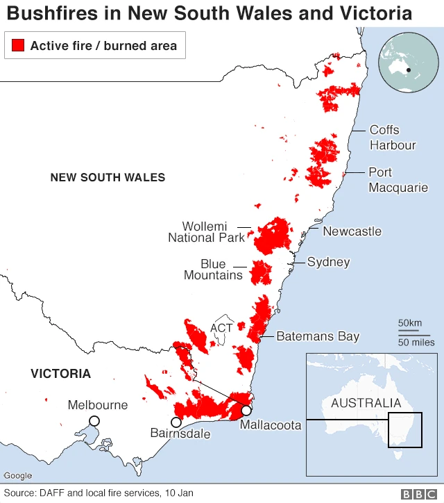 Map showing the fires in NSW and Victoria