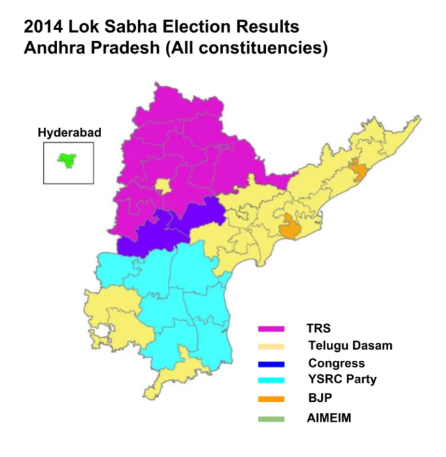 2014లో ఎన్నికల ఫలితాలకు సంబంధించిన మ్యాప్ ఇది. తెలంగాణలోని 17 పార్లమెంట్ స్థానాల్లో 11 నియోజకవర్గాల్లో టీఆర్ఎస్ గెలిచింది. వైసీపీ, టీడీపీ, బీజేపీ ఒక్కో స్థానంలో గెలుపొందాయి. ఏపీలో 25 పార్లమెంట్ స్థానాలకు గాను టీడీపీ 15, వైసీపీ 8, బీజేపీ 2 స్థానాల్లో గెలుపొందింది.