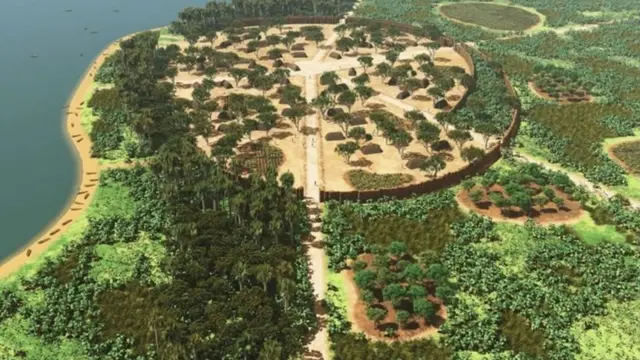 Cette reconstitution de Kuhikugu montre la place principale, les zones résidentielles mêlées à la forêt et les routes qui la relient au complexe du village.