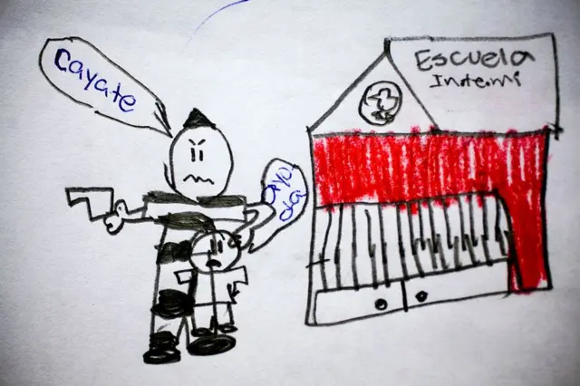 Uno de los dibujos de los niños del Centro Educativo Dr. Bloem en Sacoj Mixco y la escuela oficial del asentamiento La Paz en Villa Nueva de Guatemala sobre violencia.