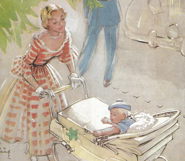 Un aviso mostrando una mamá en un vestido llevando de paseo a su bebé