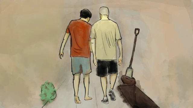 Ilustração de dois homens mexendo em jardim após abrir buraco no local