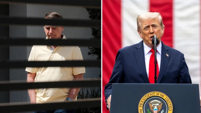 Montagem de fotos mostra à esquerda Jair Bolsonaro atrás das grades do portão de sua casa em Brasília, e, à direita, Donald Trump falando num palanque
