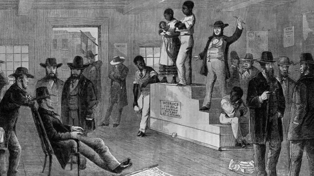 ১৮৬১ সালের একটি চিত্রে দেখা যাচ্ছে একটি দাস পরিবারকে নিলামে তোলা হয়েছে