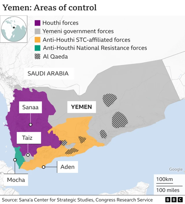 Map showing areas of control in Yemen