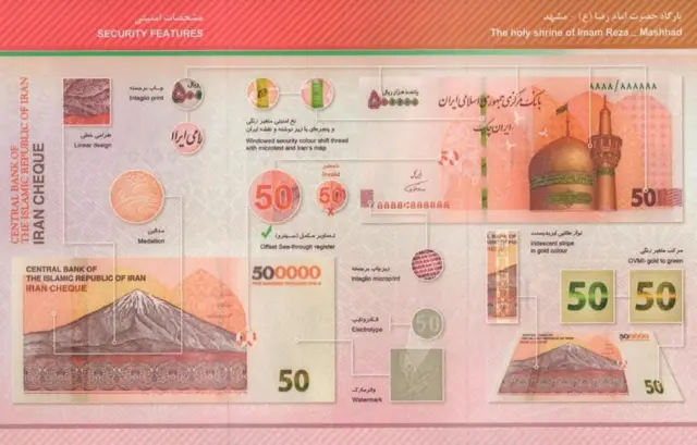 بانک مرکزی ایران حدود یک سال و نیم پیش (بهمن ۱۳۹۷) از ایران چک پنجاه هزار تومانی رونمایی کرده بود که در آن هم از الگوی مشابهی استفاده شده بود؛ چهار صفر کمرنگ بود