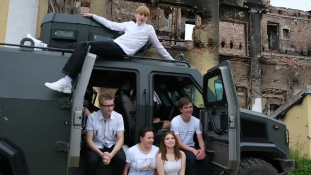 A group of students from school No. 134 in Kharkiv, Ukraine