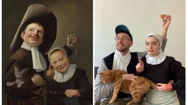 "Un niño y una niña con un gato" de Judith Leyster (1635) recreado por Bethan, educador.