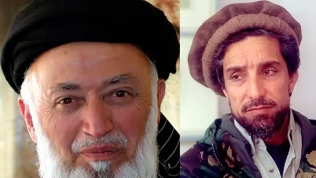 برهانالدین ربانی رِئیسجمهوری وقت افغانستان (چپ)، احمدشاه مسعود وزیر دفاع وقت افغانستان (راست)