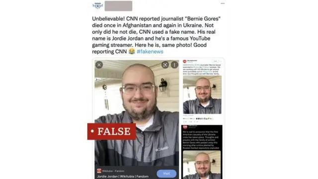 تصویر یک فعال یوتیوبی به نام جوردی جردن جعل شد و خبر جعلی کشته شدن او در اوکراین از حساب تقلبی سی ان ان منتشر شد