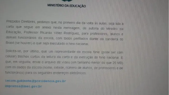 Mensagem enviada pelo MEC a escolas