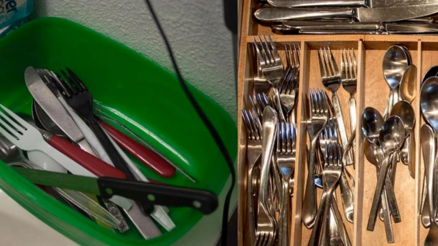 أدوات الطعام في وعاء خشبي ذي أقسام متعددة، وآخر بلاستيكي