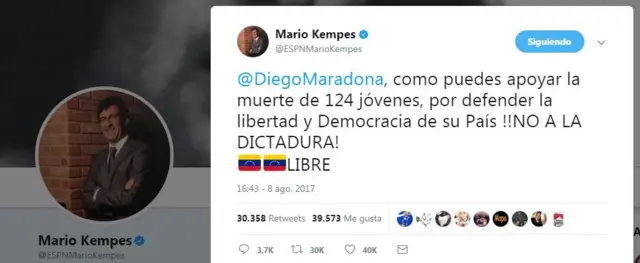 Captura de pantalla de la cuenta de Kempes en Twitter