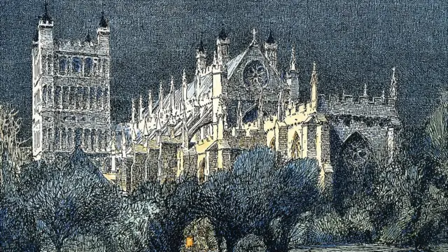 Ilustración de la catedral de Exeter que llevaba un tren del siglo XIX
