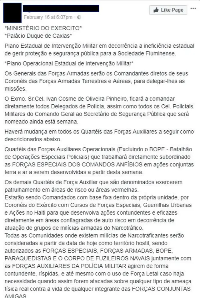 Fake news sobre intervenção federal no RJ