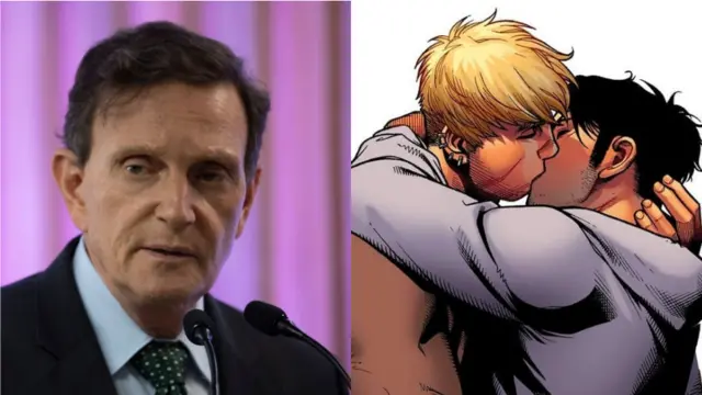 Collage mostrando a Marcelo Crivella y una escena del cómic de Los Vengadores.