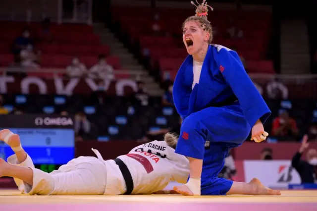 Cherine Abdellaoui of Team Algeria celebrates after winning in the Women's -52kg Judo on day 3 of the Tokyo 2020 Paralympic Games at Nippon Budokan on August 27