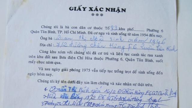 Giấy xác nhận của người dân Lộc Hưng ký năm 2000