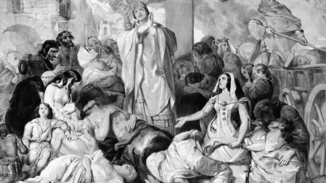 People praying for relief from the bubonic plague, circa 1350.