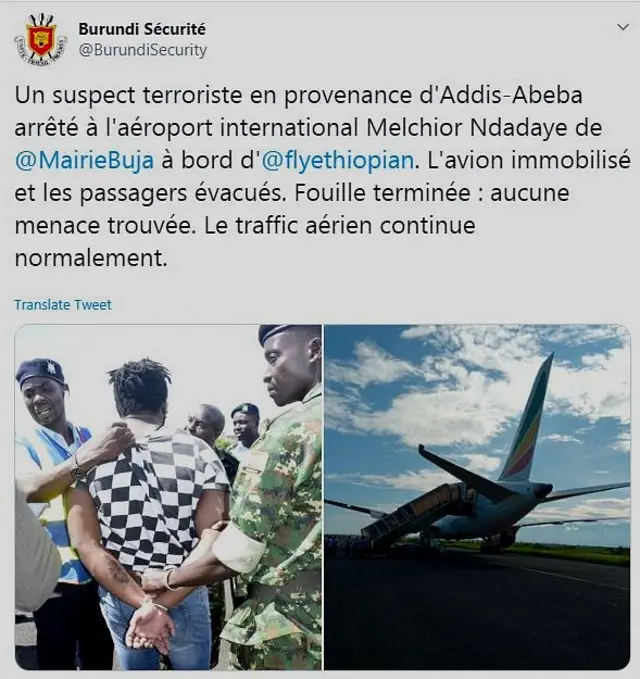 Ubutumwa bwa twitter bwanditse ku rubuga twitter rw'ubushikiranganji bw'umutekano mu Burundi