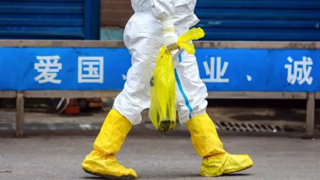 عامل يحمل سحلية كبيرة كانت هاربة في سوق هوانان للمأكولات البحرية.