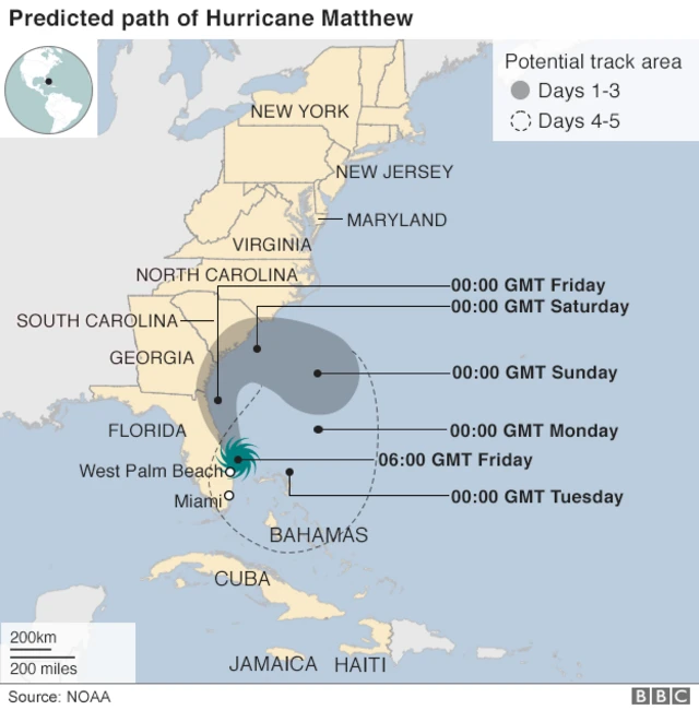 Map shows Hurricane Matthew's path from the Bahamas heading towards Florida and other US eastern states