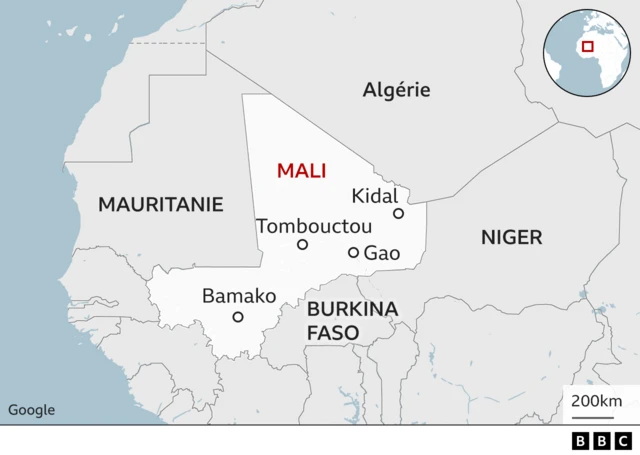 Une carte montrant les principales villes du Mali et des pays voisins