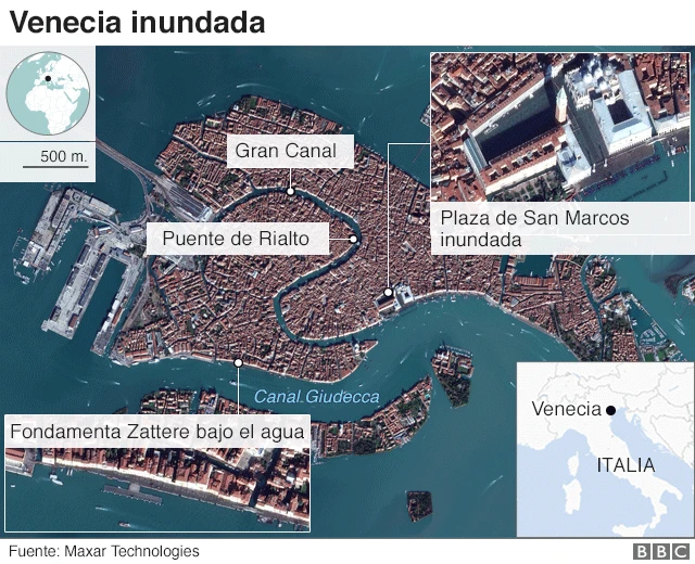 Mapa inundaciones en Venecia