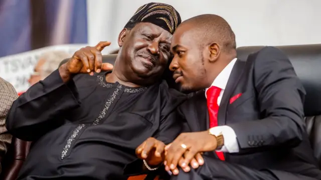 Bw Odinga akiwa na kiongozi wa chama cha upinzani cha Movement for Democratic Change (MDC) nchini Zimbabwe Nelson Chamisa, Februari 20, 2018, wakati wa mazishi ya Morgan Tsvangirai kijiji cha Humanikwa eneo la Buhera.