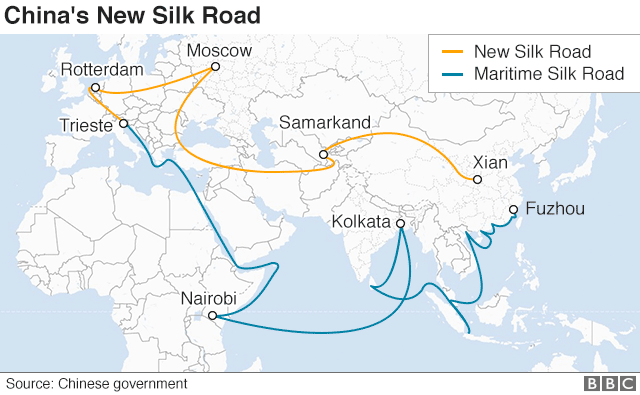 A map shows the overland and sea routes from China to Europe - the overland routes stretches from Xian in China's east, to Samarkand, Moscow, and Rotterdam; the sea route from Fuzhou port to Kolkata in India and Nairobi in Africa before reaching Italy