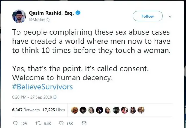 पुरुष आता महिलांना हात लावण्यापूर्वी दहा वेळा विचार करतील. त्यालाच संमती म्हणतात आणि माणूस म्हणून तुमच्याकडून कमीतकमी तितकी अपेक्षा असतेच. - कासीम राशीद यांचं ट्वीट