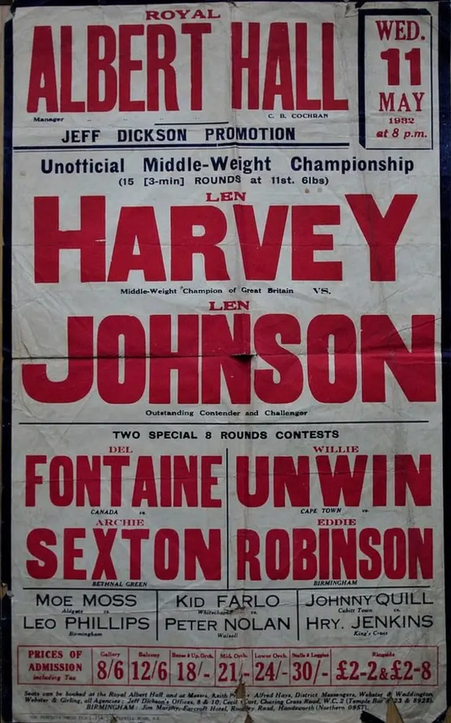 Poster advertising Len Johnson's fight with Len Harvey at the Albert Theatre in 1932