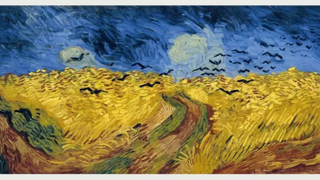 В картине "Пшеничное поле с воронами", тоже написанной в июле 1890 года, использована та же беспокойная техника, но общая атмосфера более темная и зловещая