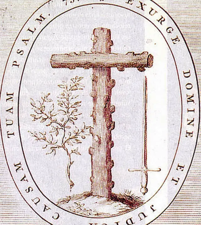 Escudo de la Inquisición española, con el lema "Álzate, oh Dios, a defender tu causa".