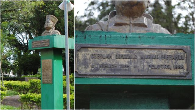 Duas fotos de monumento em homenagem a Ceslau Biezanko em Guarani das Missões