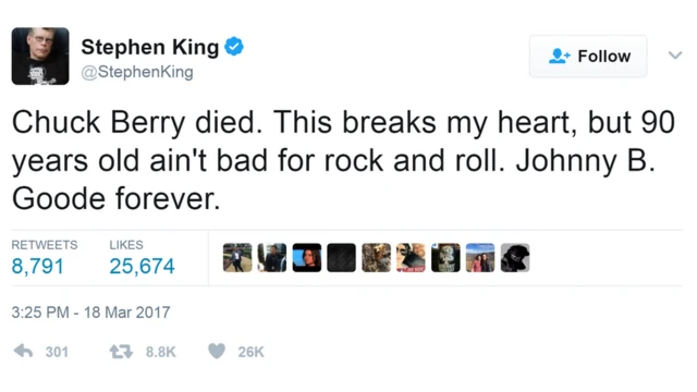 史蒂芬·金在推特留言：贝里死了，这令我十分心痛，但在摇滚界来说90岁寿命算是不错。Johnny B. Goode永垂不朽。