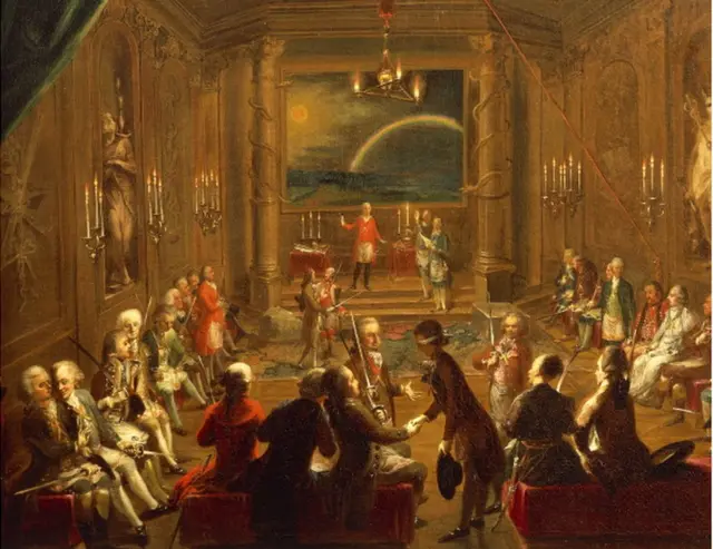 18世纪的艺术家翁特贝格尔（Ignaz Unterberger）所作，描绘了共济会维也纳分会玫瑰宫内一次秘密集会。