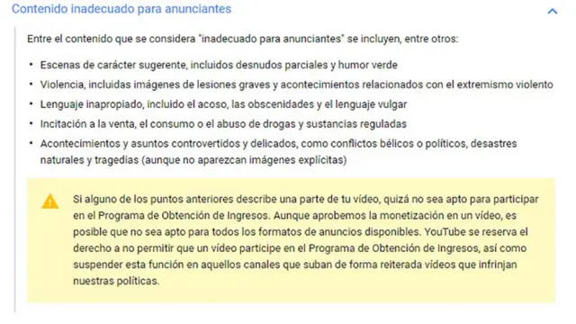 Contenido inadecuado para anunciantes de YouTube