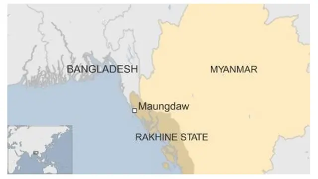 ラカイン州（Rakhine ）のマウンドー地区（Maungdaw）の位置
