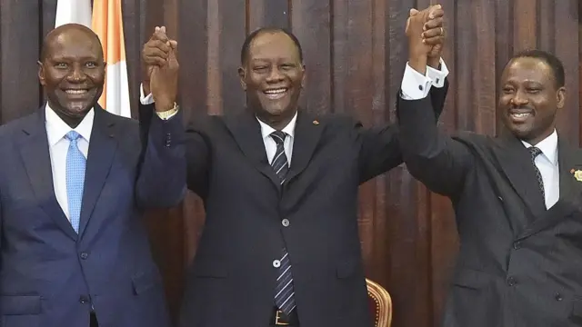 Le président Alassane Ouattara, avec le vice-président Daniel Kablan Duncan et Guillaume Soro, président de l'Assemblée nationale