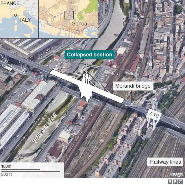 ジェノバ(Genoa)の位置とモランディ橋の航空写真(白抜きされているのが崩壊部分)